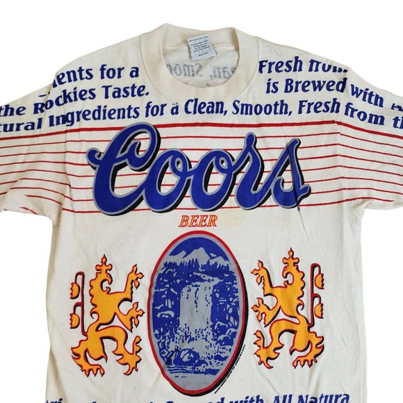 VINTAGE DS COORS T-SHIRT L FRONT AND BACK AOP - BEER LOGO SCRIPT - 1992 90'S - Picture 3 of 11
